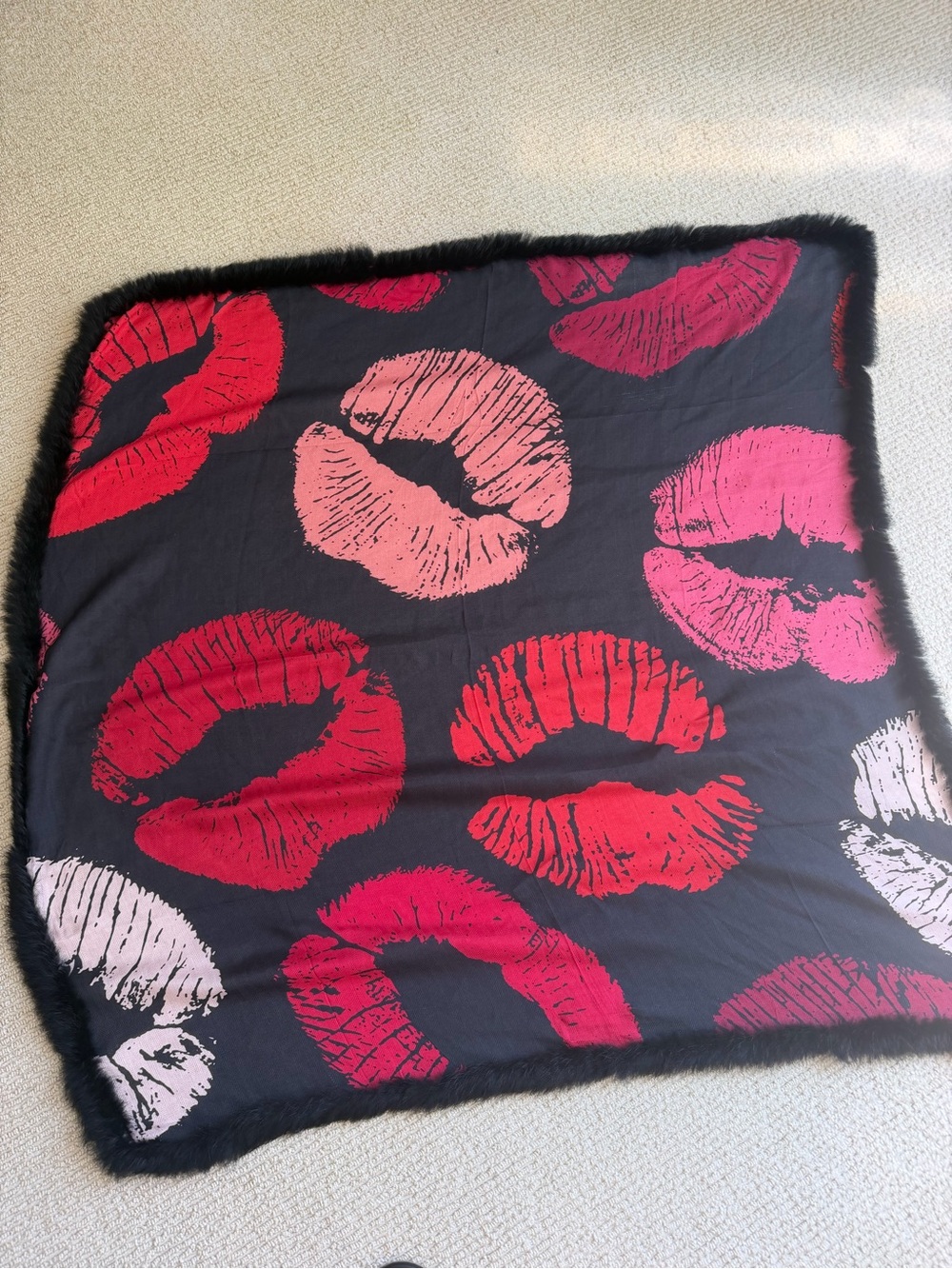 Women’s Black Scarf with Pink and Red Kiss Print